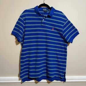 Polo Ralph Lauren Shirt Mens Blue Striped Short Sleeve Collard Custom Fit Large‎